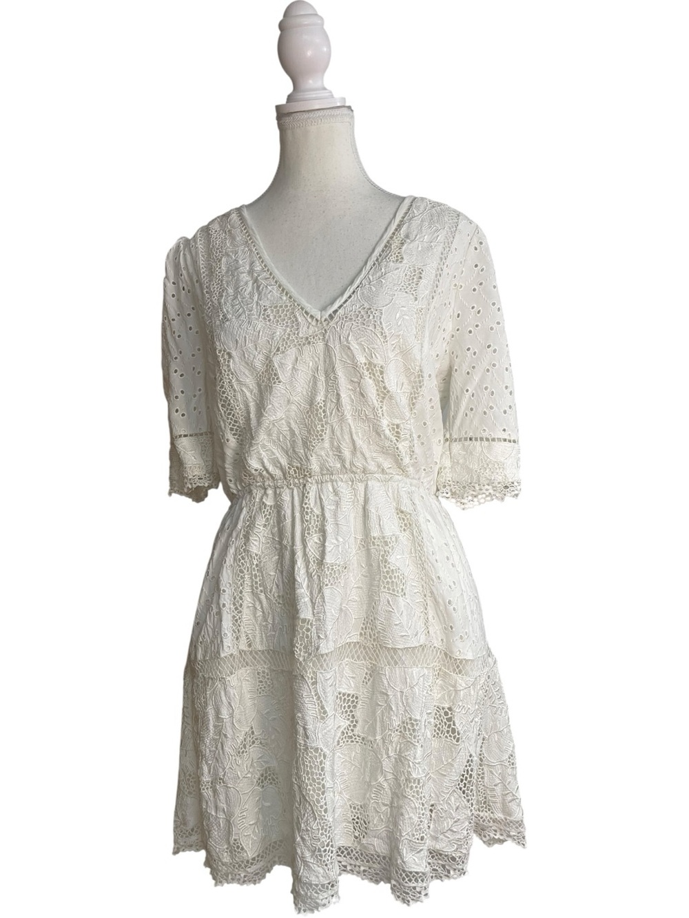 LoveShackFancy Victorian Jobell Mini Eyelet Lace V-Neck Mini Dress White